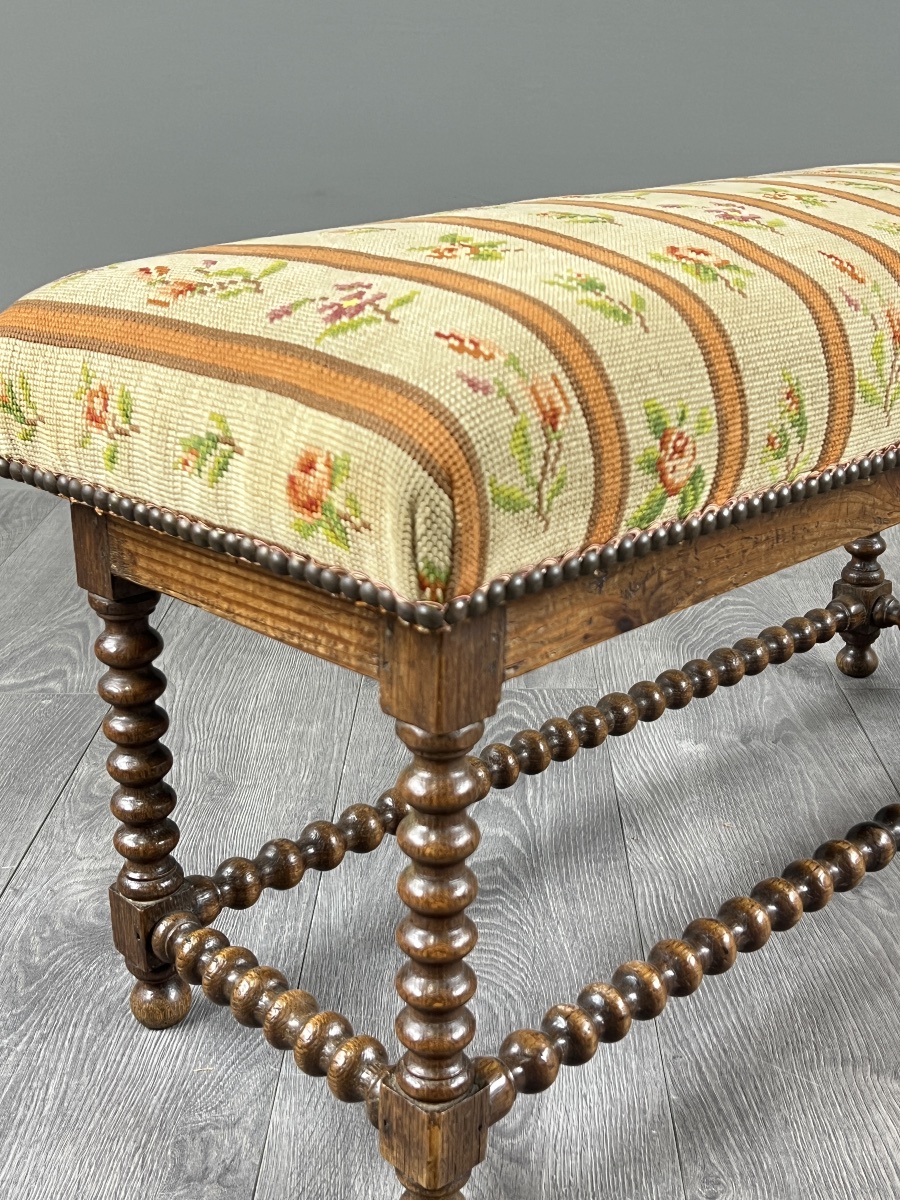 Antique Turned Wood Bench Seat Floral Tapestry, 20th Century-photo-1