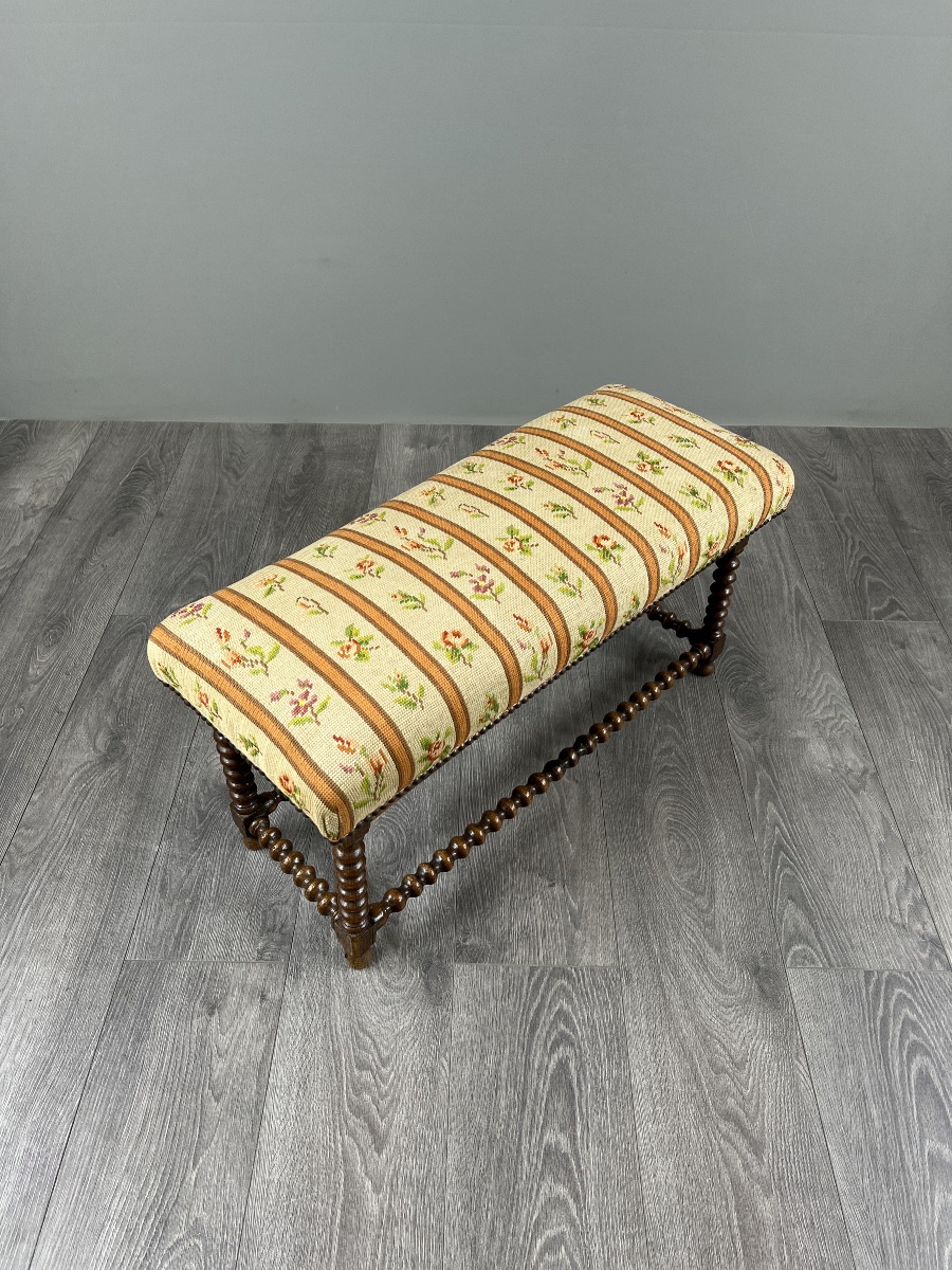 Antique Turned Wood Bench Seat Floral Tapestry, 20th Century-photo-2