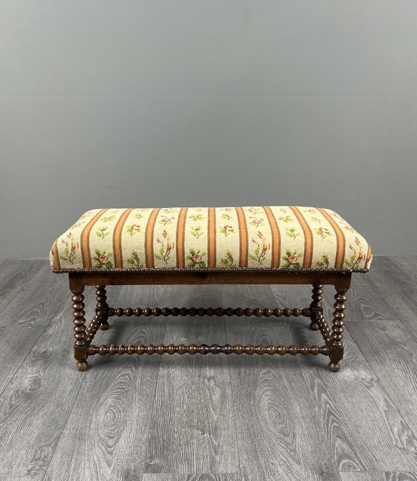 Antique Turned Wood Bench Seat Floral Tapestry, 20th Century