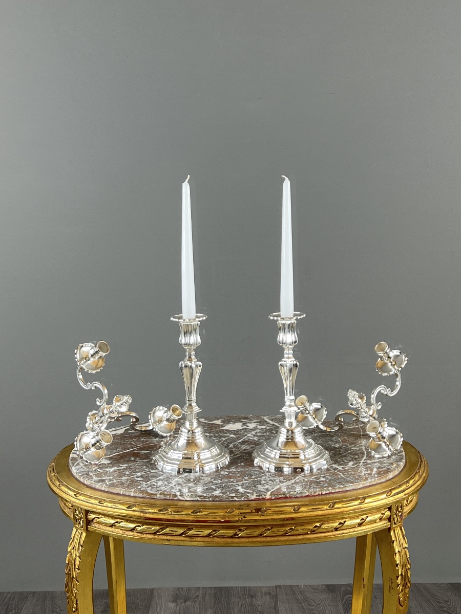 Paire de candélabres en métal argenté, style Louis XV, XXe Siècle-photo-3