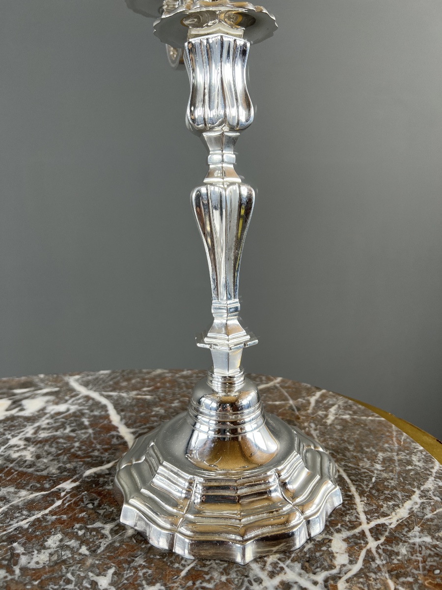 Paire de candélabres en métal argenté, style Louis XV, XXe Siècle-photo-2