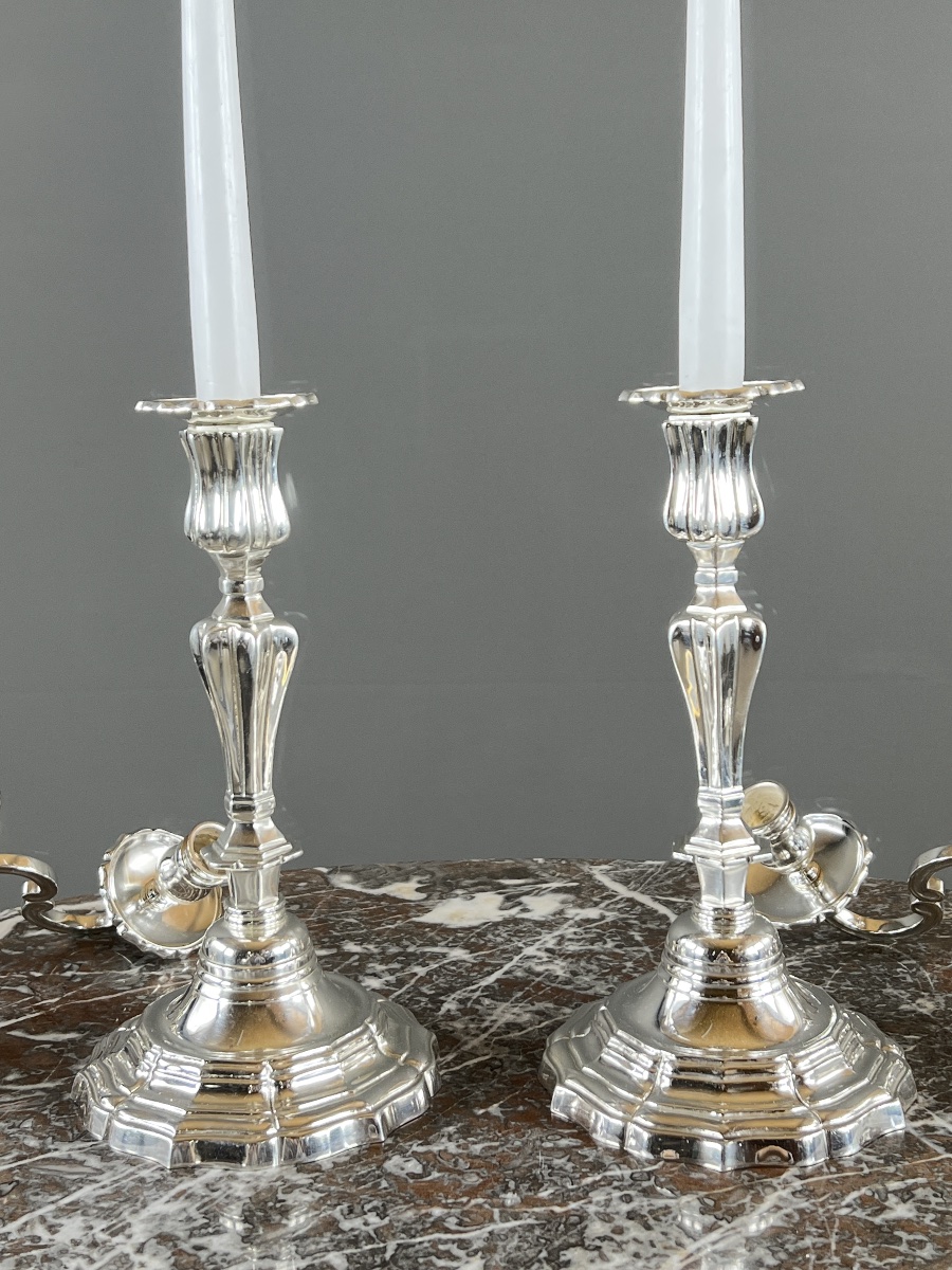 Paire de candélabres en métal argenté, style Louis XV, XXe Siècle-photo-6