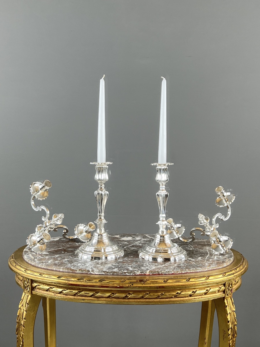 Paire de candélabres en métal argenté, style Louis XV, XXe Siècle-photo-7