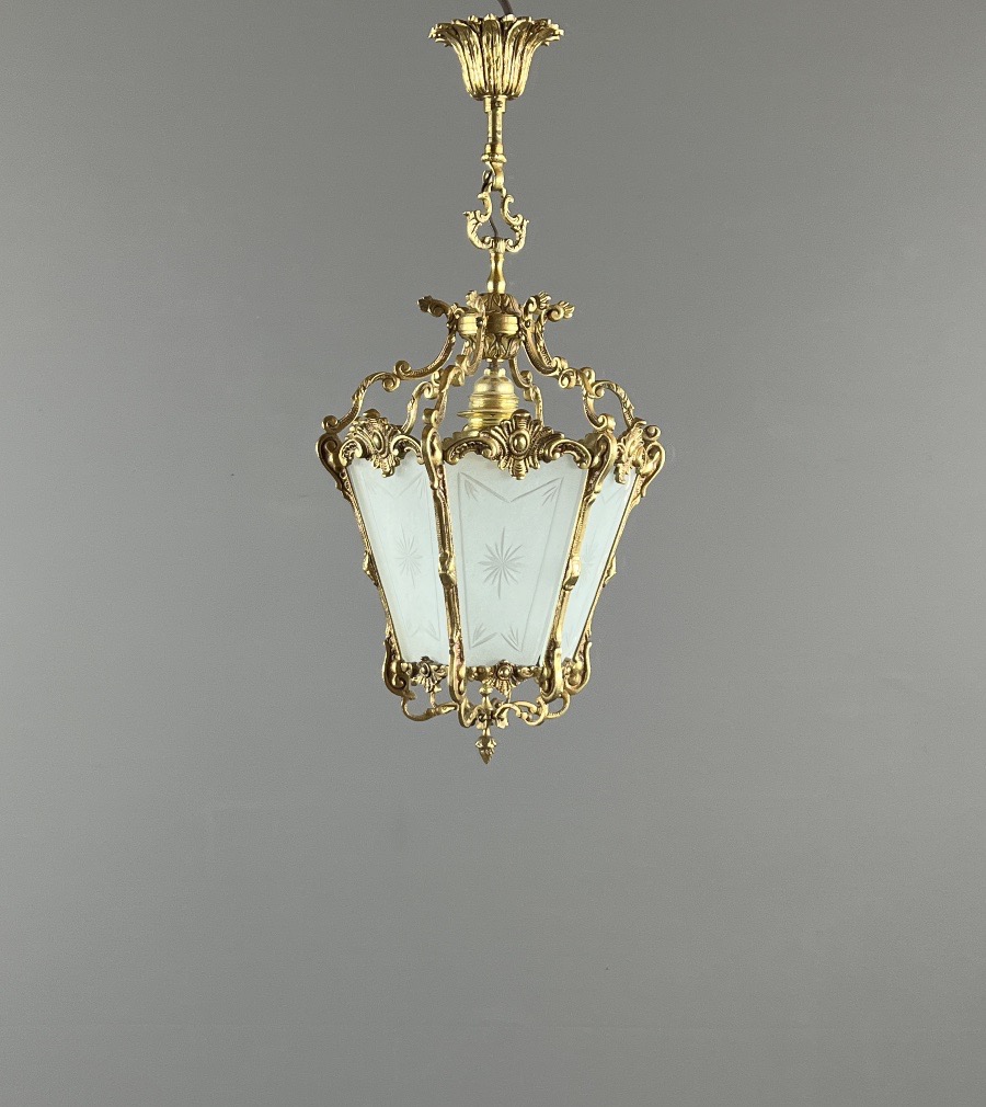 Louis XV Style Hanging Lantern In Gilt Bronze And Engraved Glass, 20th Century-photo-2