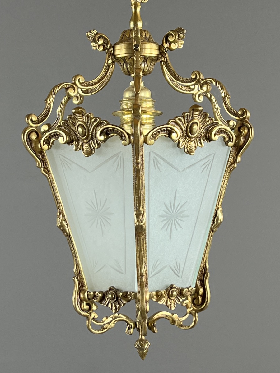 Louis XV Style Hanging Lantern In Gilt Bronze And Engraved Glass, 20th Century-photo-3