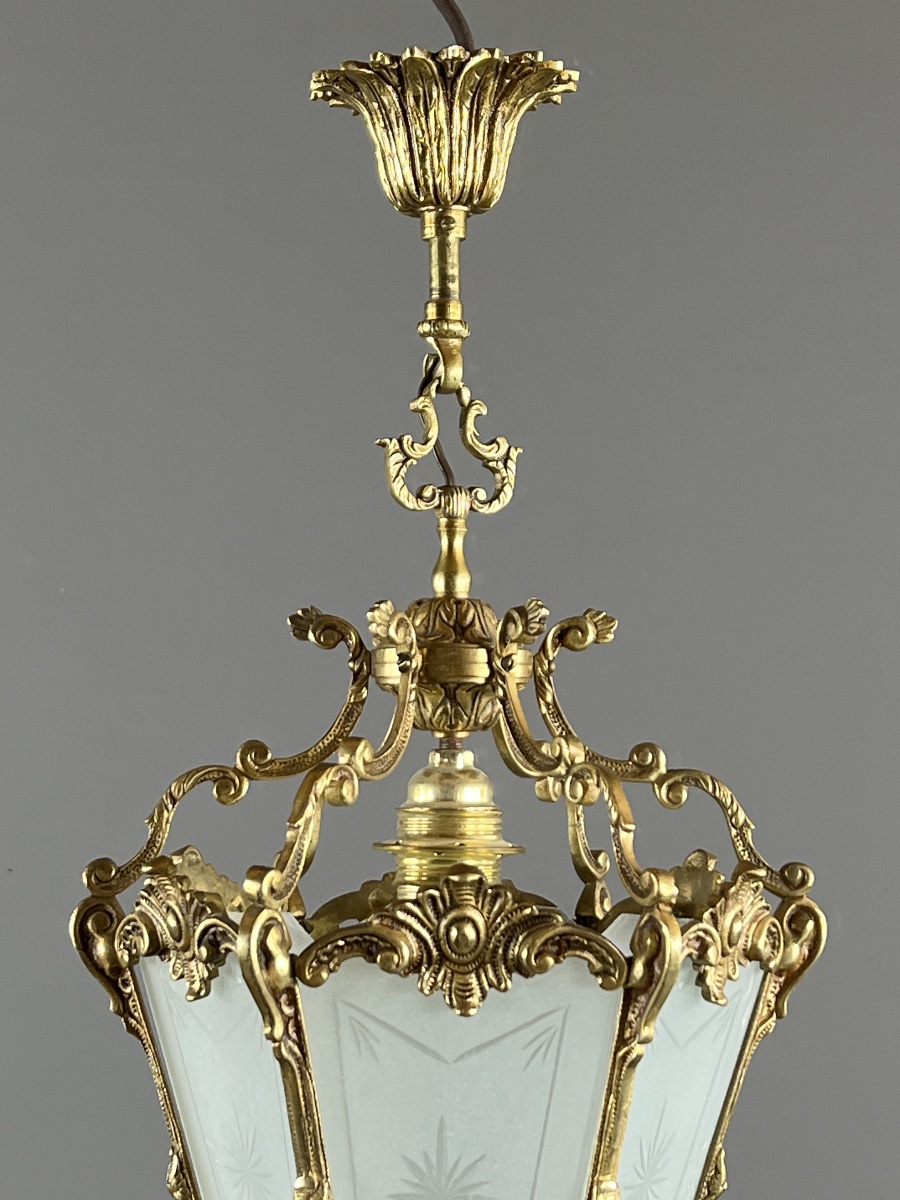 Louis XV Style Hanging Lantern In Gilt Bronze And Engraved Glass, 20th Century-photo-4