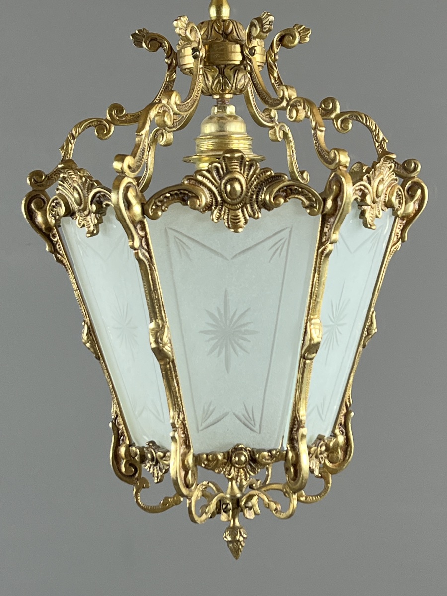 Louis XV Style Hanging Lantern In Gilt Bronze And Engraved Glass, 20th Century-photo-1