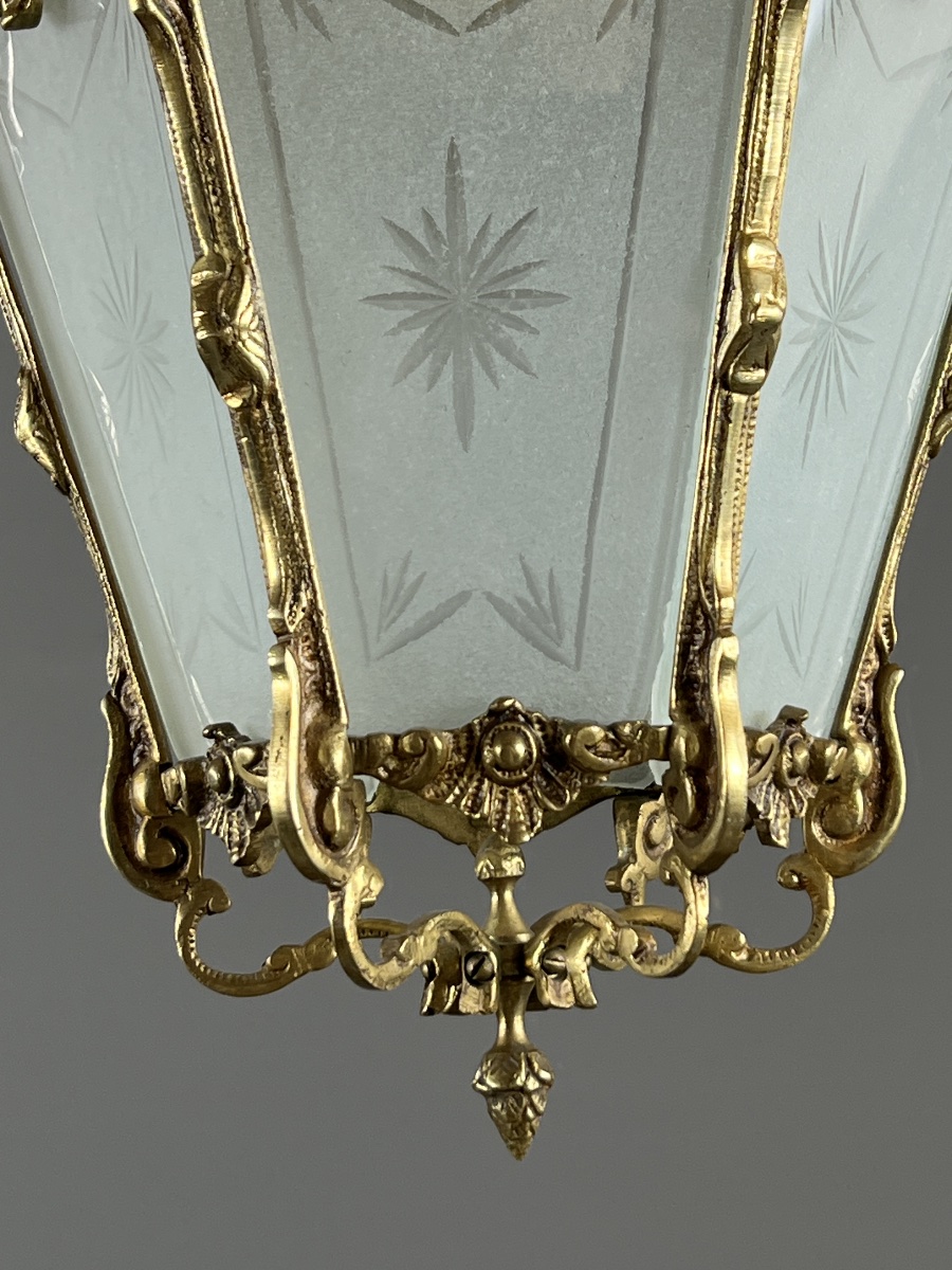 Louis XV Style Hanging Lantern In Gilt Bronze And Engraved Glass, 20th Century-photo-2