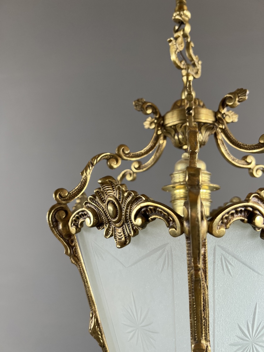 Louis XV Style Hanging Lantern In Gilt Bronze And Engraved Glass, 20th Century-photo-3