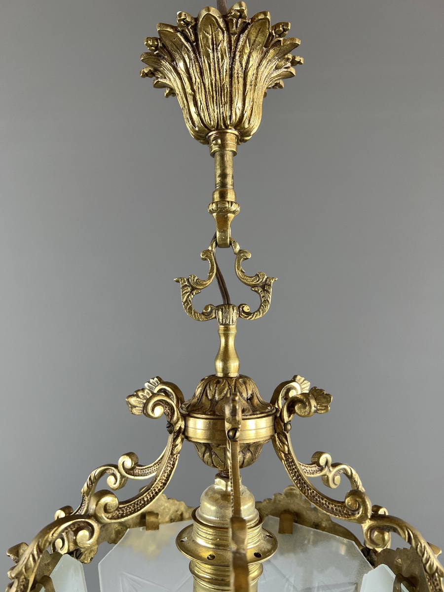 Louis XV Style Hanging Lantern In Gilt Bronze And Engraved Glass, 20th Century-photo-4