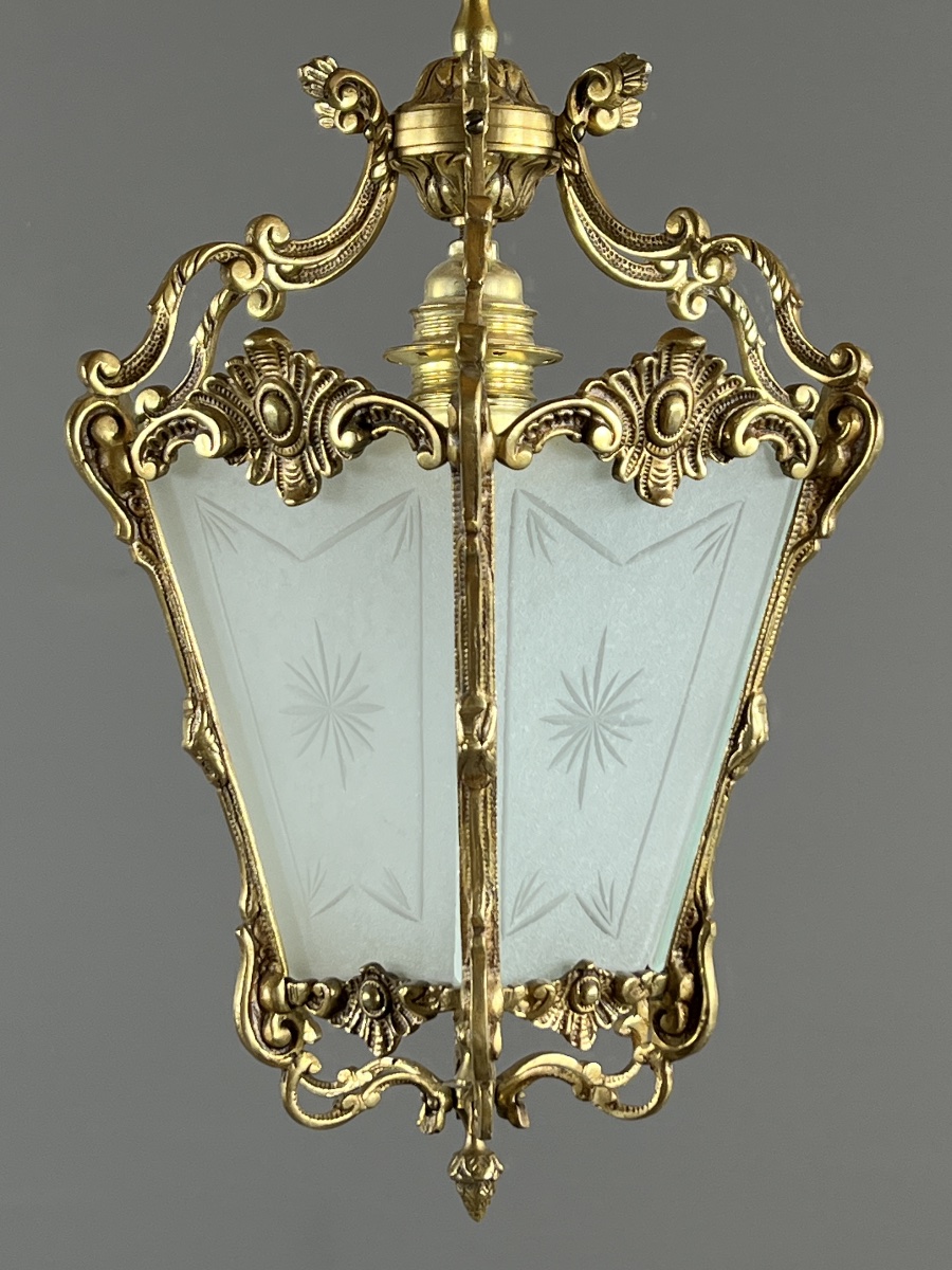 Louis XV Style Hanging Lantern In Gilt Bronze And Engraved Glass, 20th Century-photo-5
