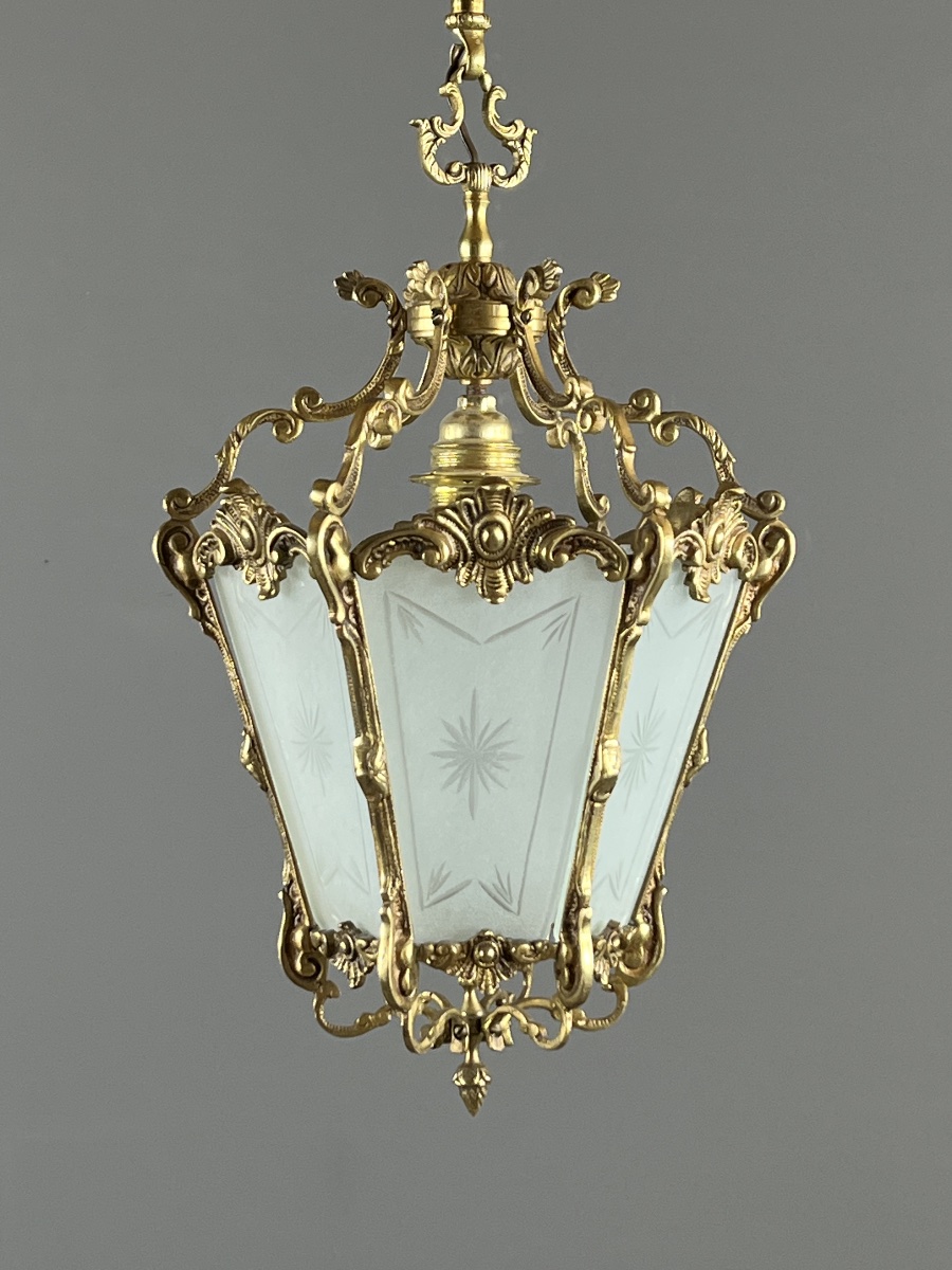 Louis XV Style Hanging Lantern In Gilt Bronze And Engraved Glass, 20th Century