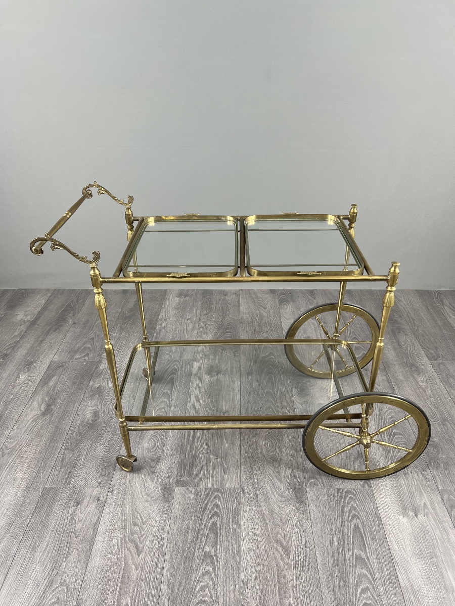Rolling Table With Two Glass Trays, Made Of Gilded Brass, 20th Century-photo-2