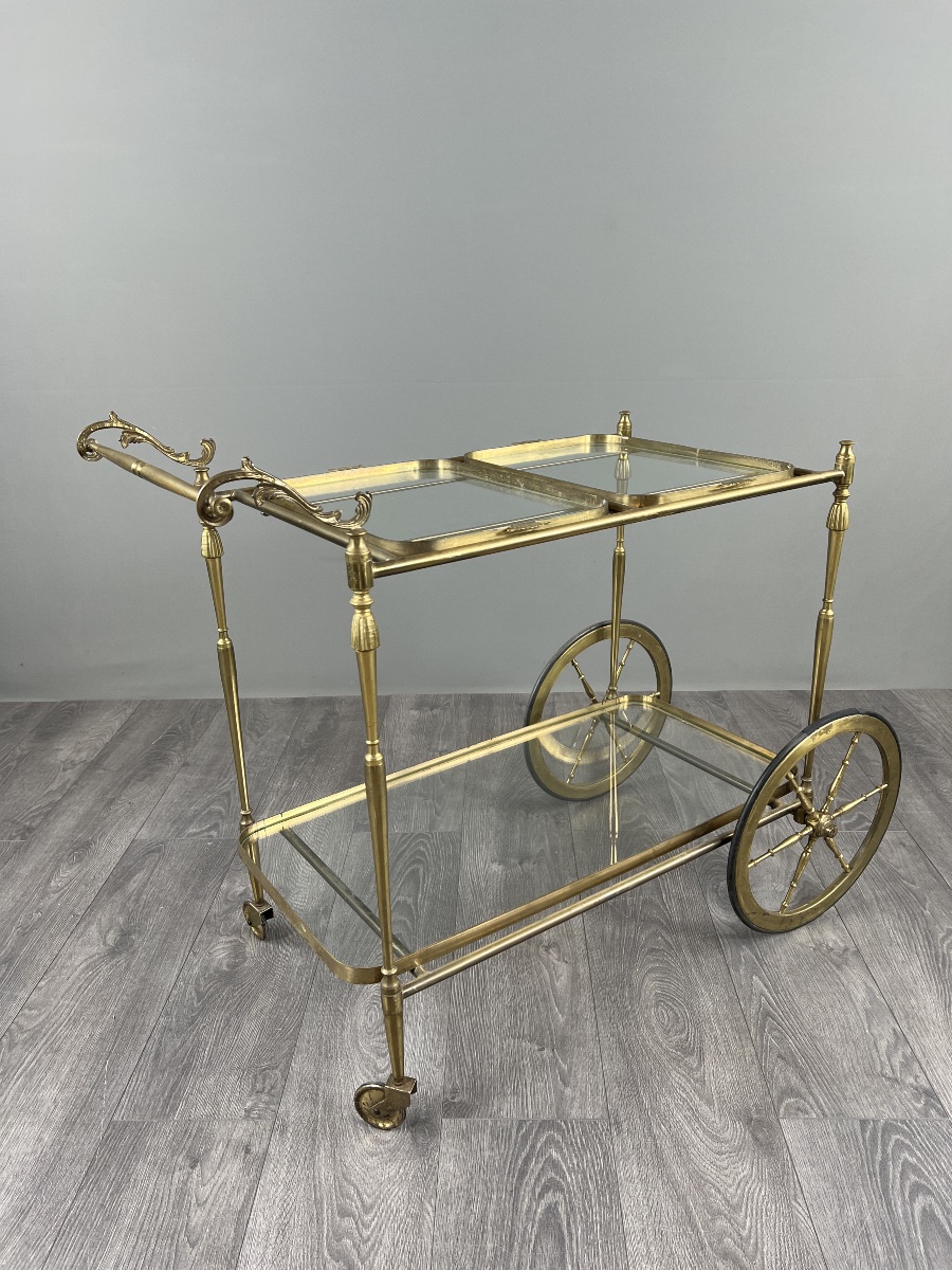 Rolling Table With Two Glass Trays, Made Of Gilded Brass, 20th Century-photo-3