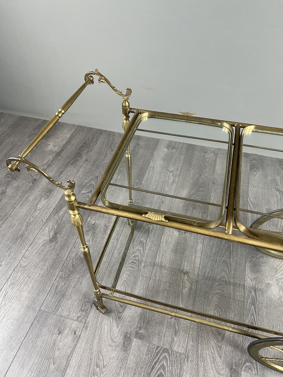 Rolling Table With Two Glass Trays, Made Of Gilded Brass, 20th Century-photo-4