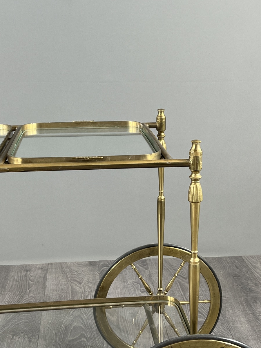 Rolling Table With Two Glass Trays, Made Of Gilded Brass, 20th Century-photo-1
