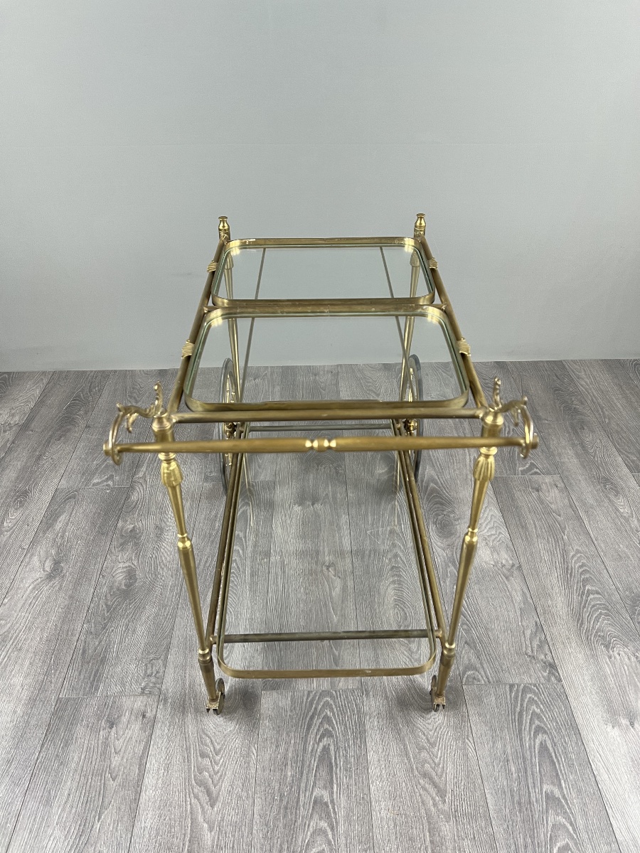 Rolling Table With Two Glass Trays, Made Of Gilded Brass, 20th Century-photo-2