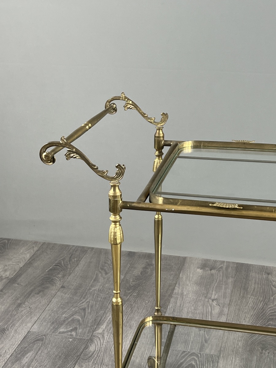 Rolling Table With Two Glass Trays, Made Of Gilded Brass, 20th Century-photo-3