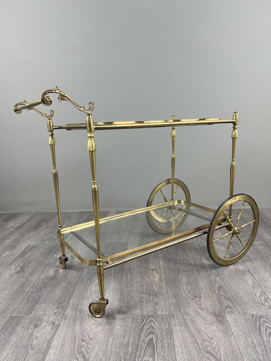 Rolling Table With Two Glass Trays, Made Of Gilded Brass, 20th Century-photo-5