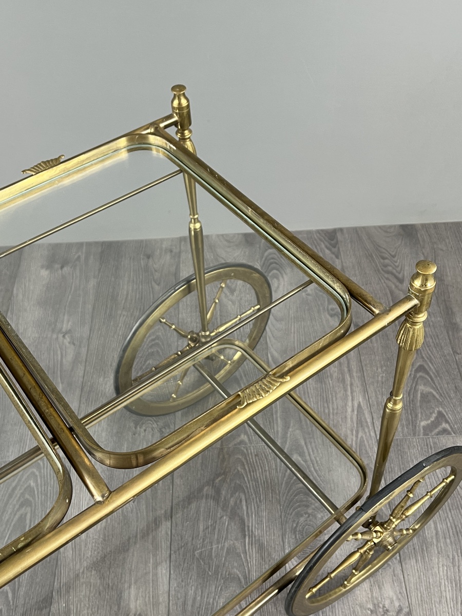 Rolling Table With Two Glass Trays, Made Of Gilded Brass, 20th Century-photo-6