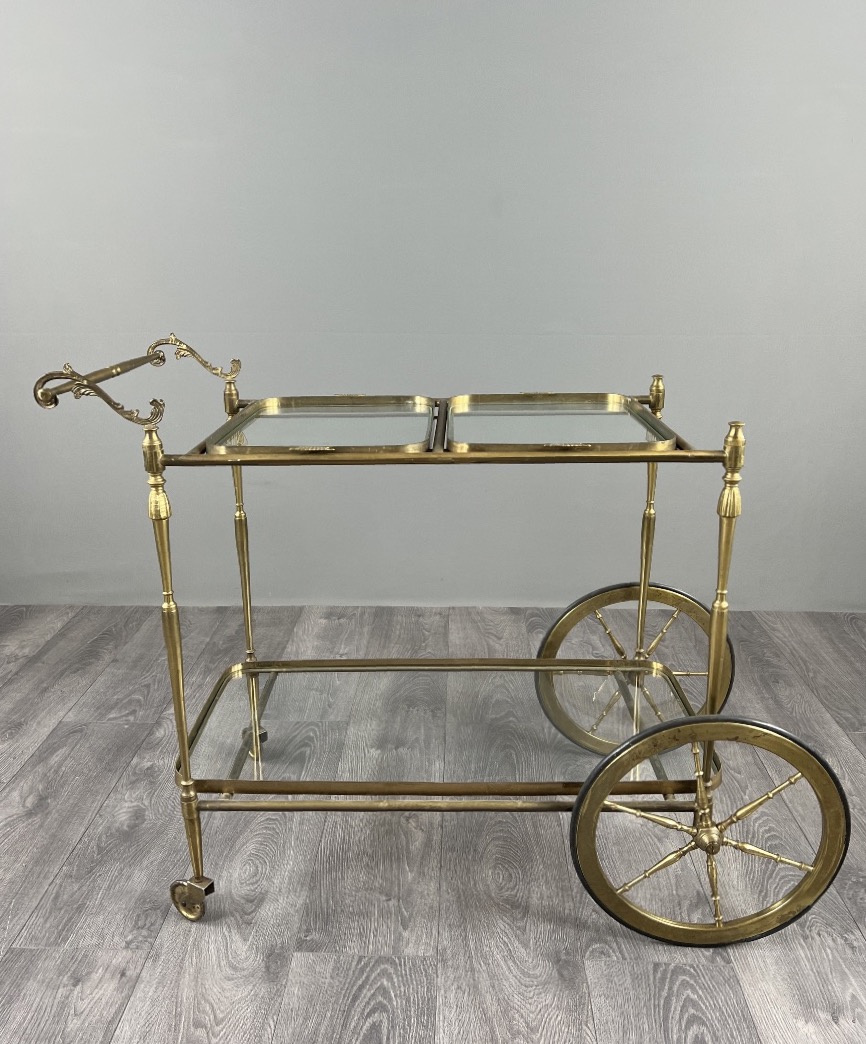 Rolling Table With Two Glass Trays, Made Of Gilded Brass, 20th Century