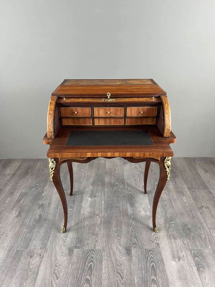Bureau à cylindre en marqueterie de style Louis XV, XIXe siècle-photo-2