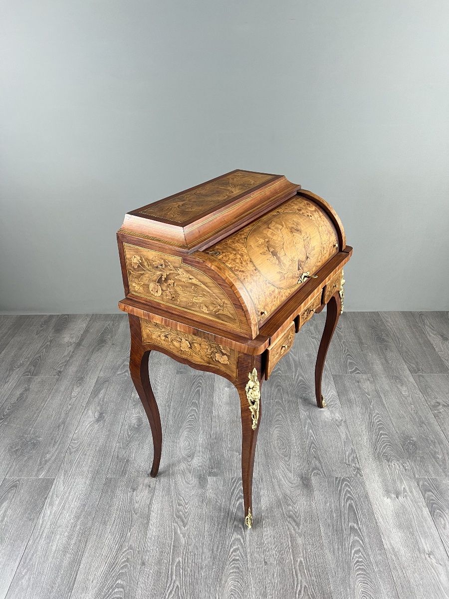 Bureau à cylindre en marqueterie de style Louis XV, XIXe siècle-photo-3