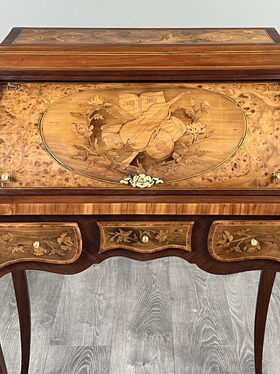 Bureau à cylindre en marqueterie de style Louis XV, XIXe siècle-photo-4