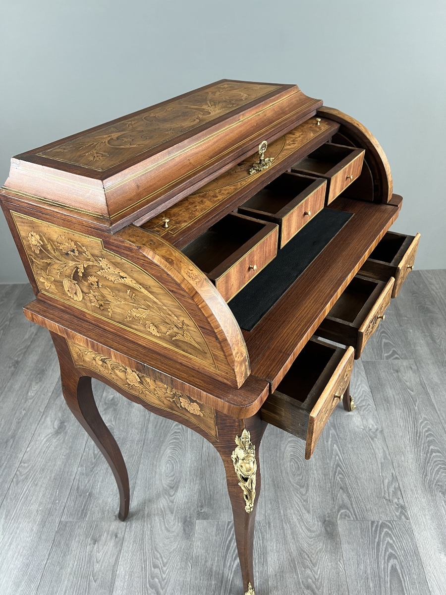 Bureau à cylindre en marqueterie de style Louis XV, XIXe siècle-photo-1