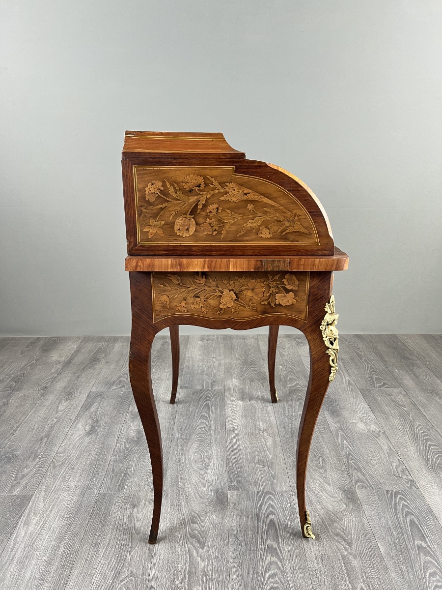 Bureau à cylindre en marqueterie de style Louis XV, XIXe siècle-photo-2