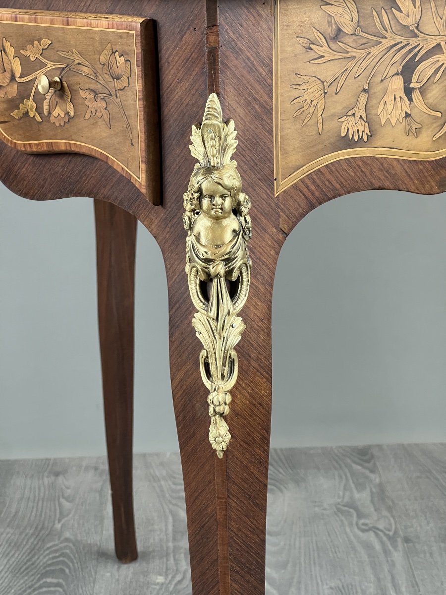 Bureau à cylindre en marqueterie de style Louis XV, XIXe siècle-photo-3