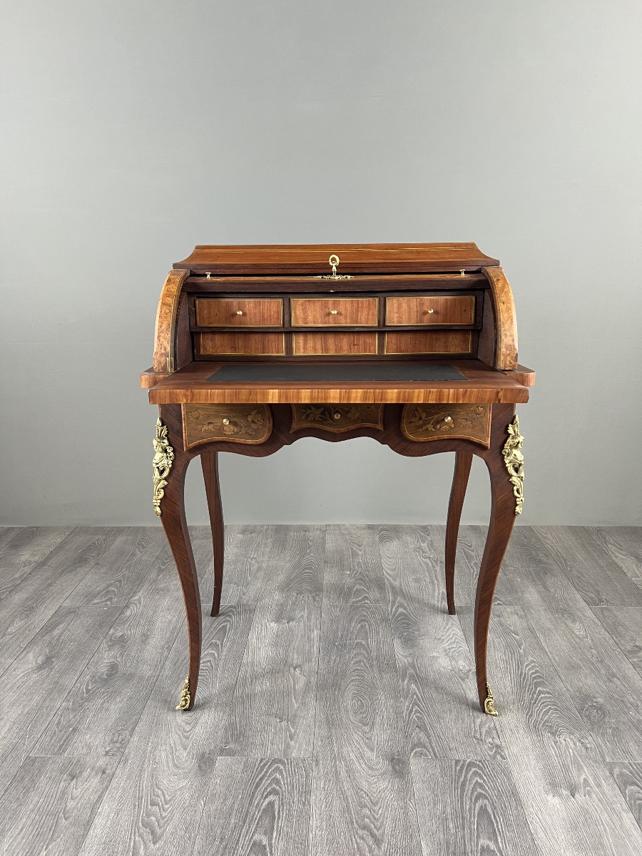 Bureau à cylindre en marqueterie de style Louis XV, XIXe siècle-photo-4
