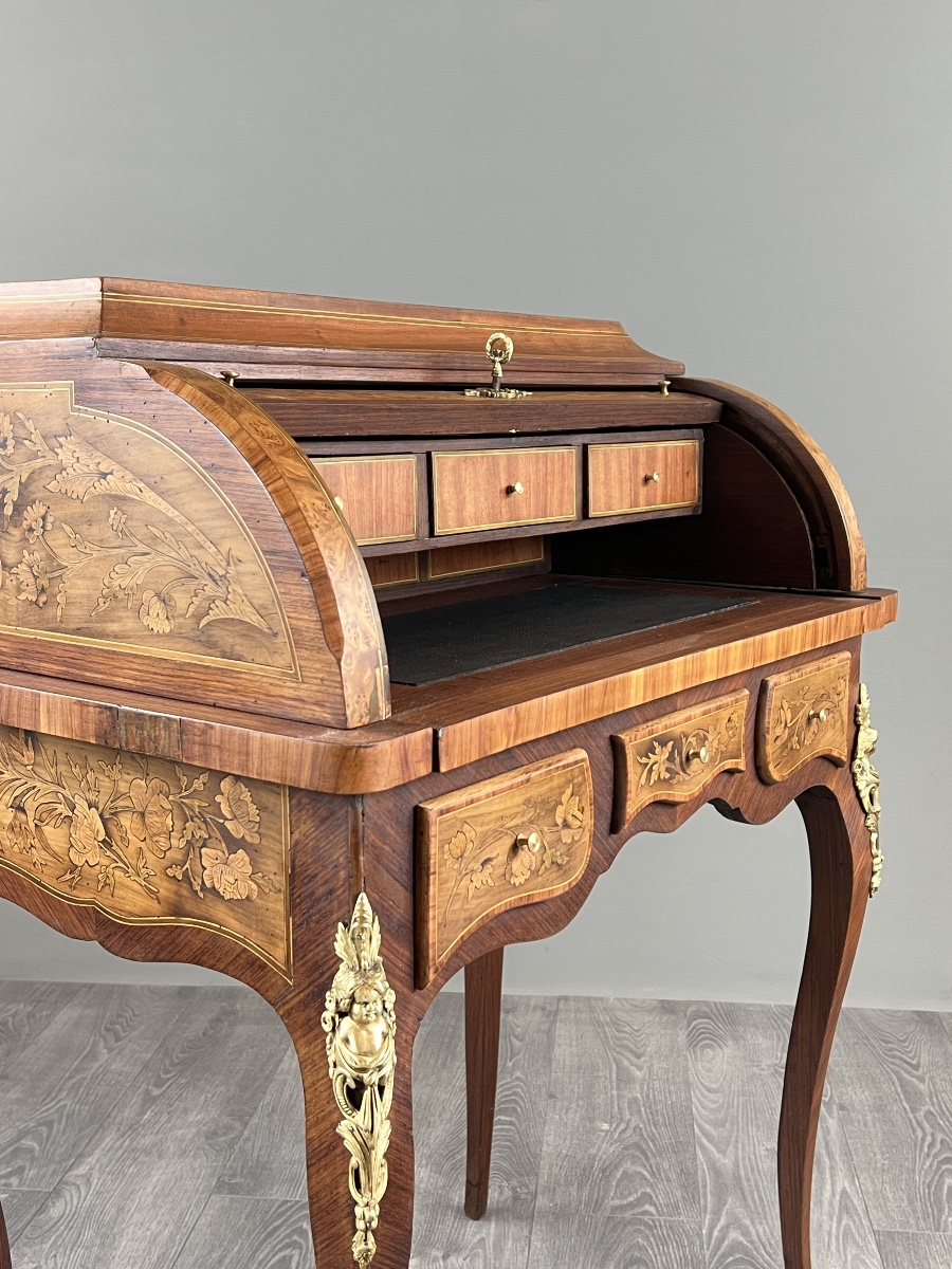 Bureau à cylindre en marqueterie de style Louis XV, XIXe siècle-photo-5
