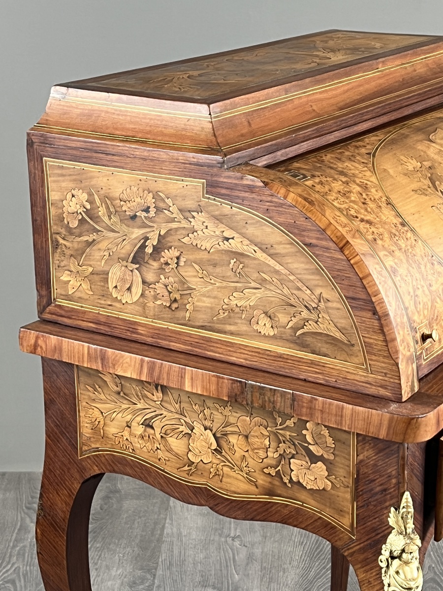 Bureau à cylindre en marqueterie de style Louis XV, XIXe siècle-photo-6