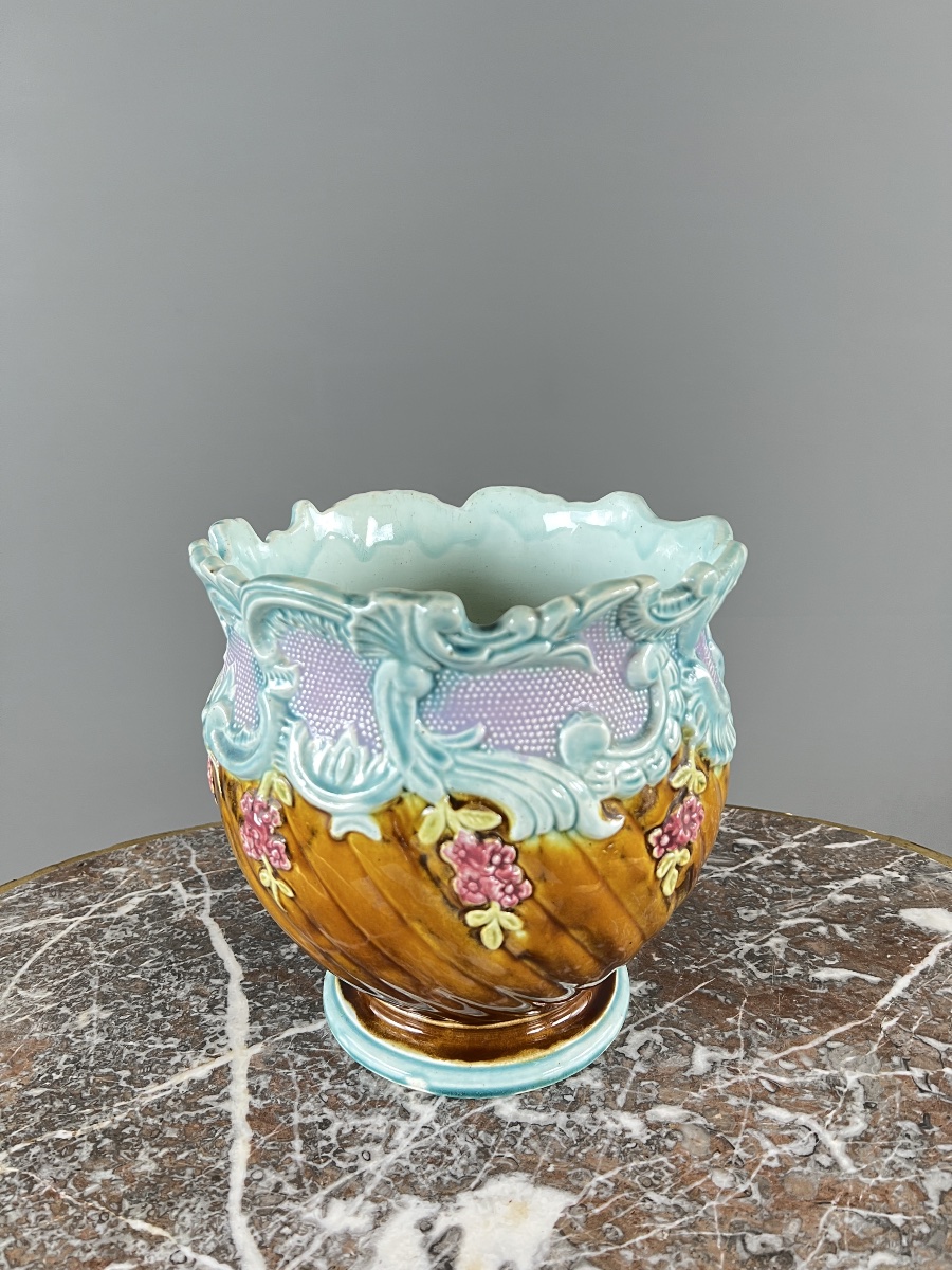 Cache-pot en céramique barbotine, décor floral en relief, fin XIXe siècle-photo-2
