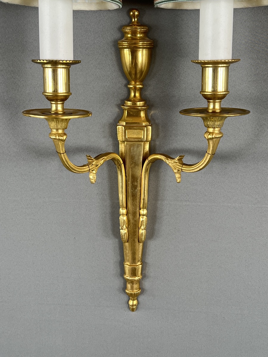 Set Of Three Louis XVI-style Wall Sconces In Gilded Bronze, 20th Century-photo-3