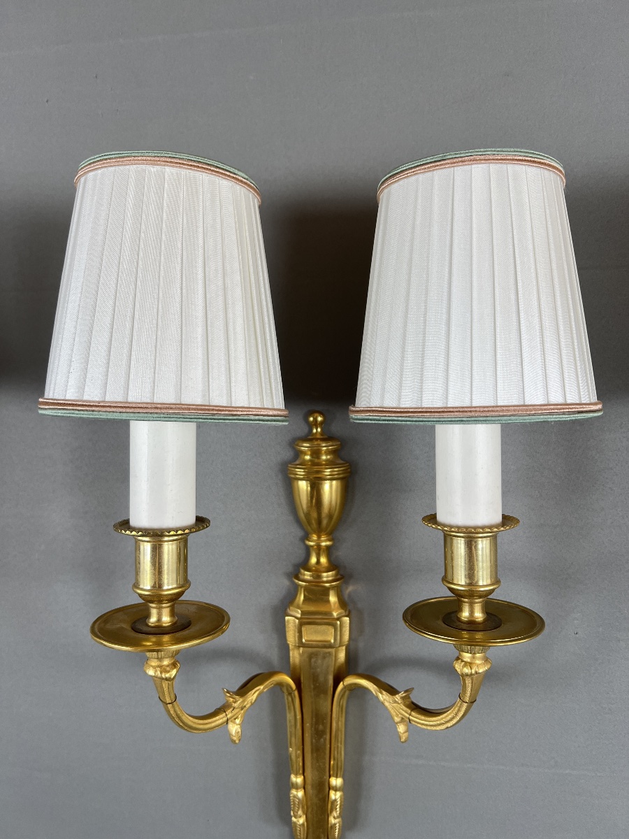 Set Of Three Louis XVI-style Wall Sconces In Gilded Bronze, 20th Century-photo-4