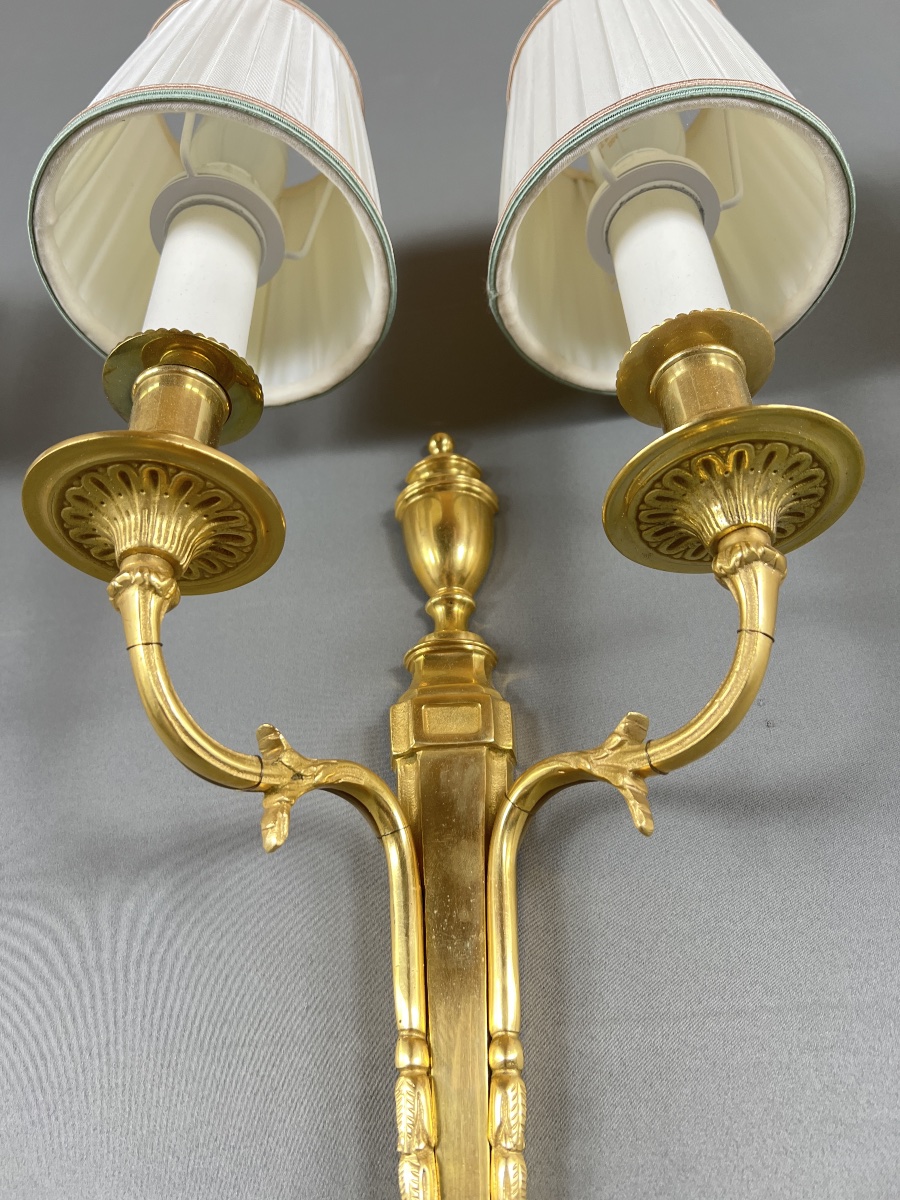 Set Of Three Louis XVI-style Wall Sconces In Gilded Bronze, 20th Century-photo-1