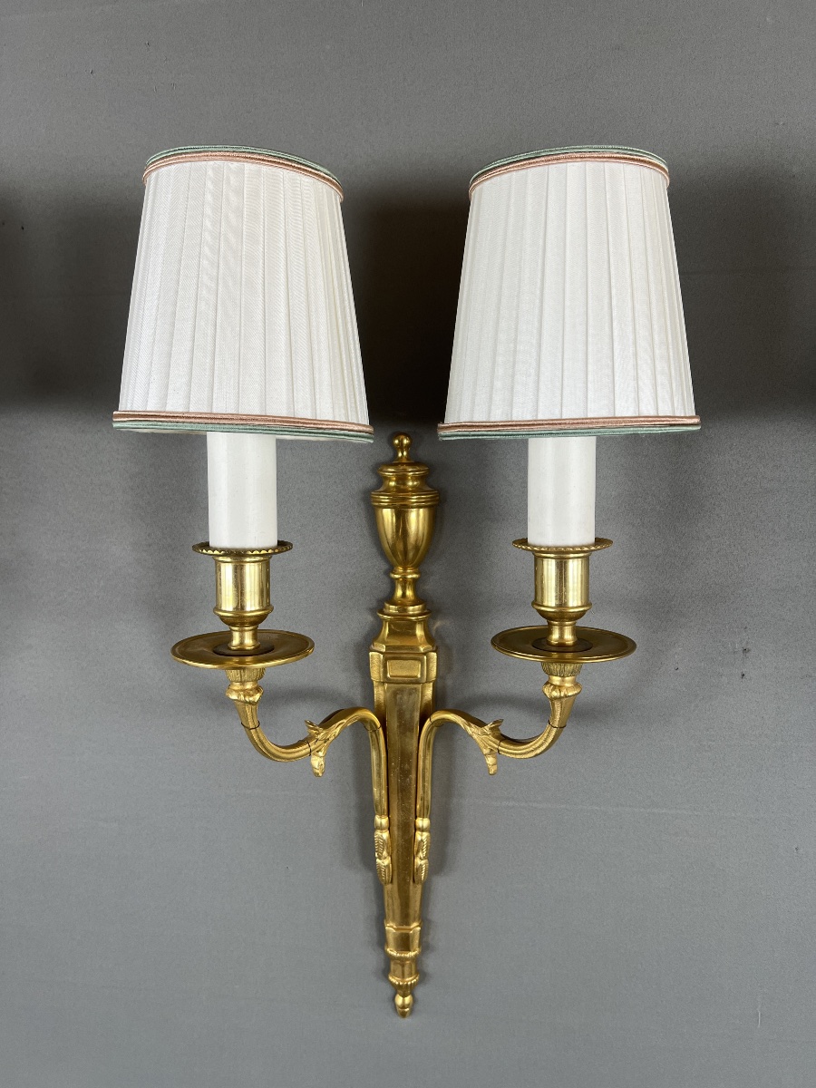Set Of Three Louis XVI-style Wall Sconces In Gilded Bronze, 20th Century-photo-2