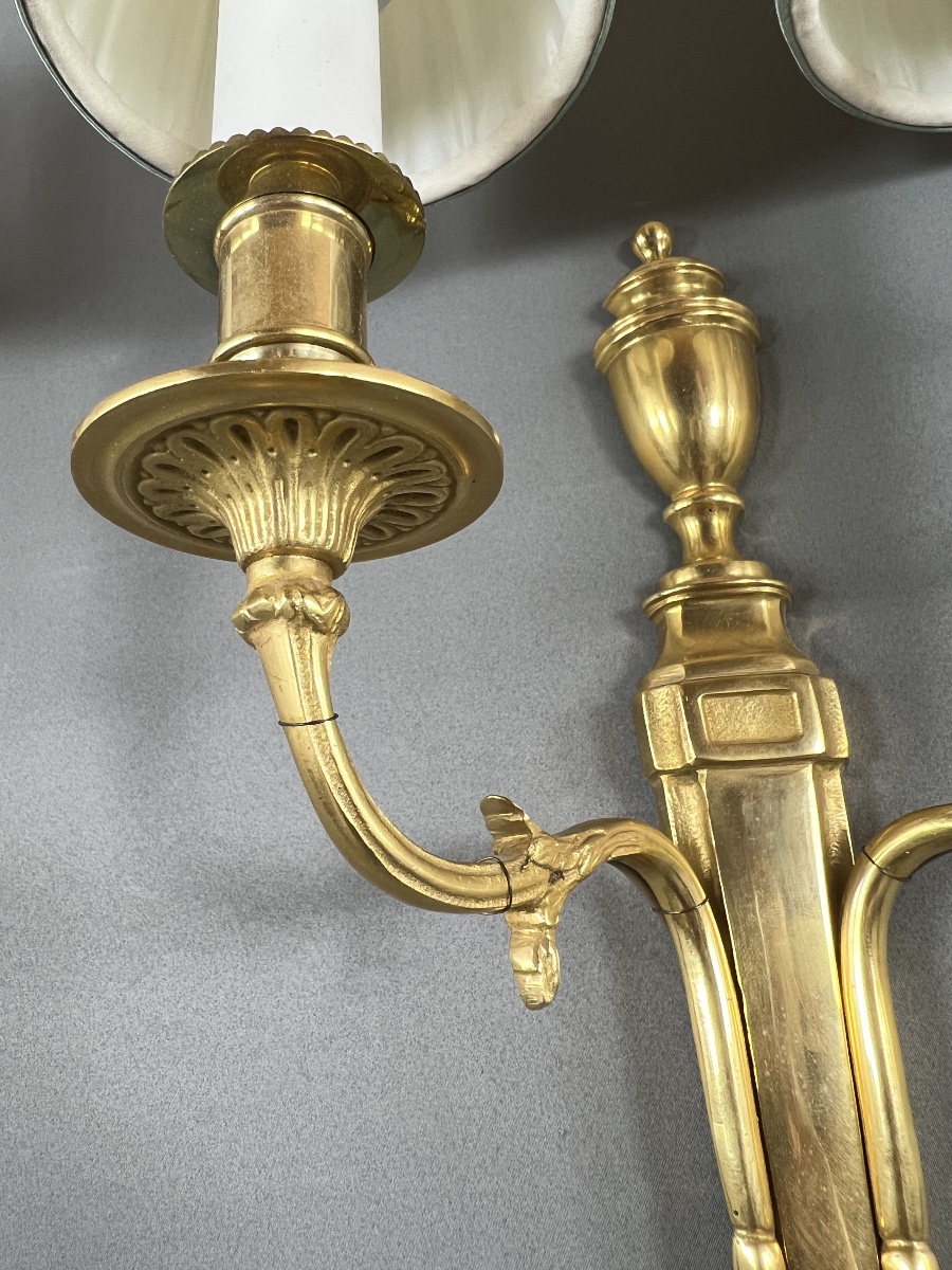 Set Of Three Louis XVI-style Wall Sconces In Gilded Bronze, 20th Century-photo-3