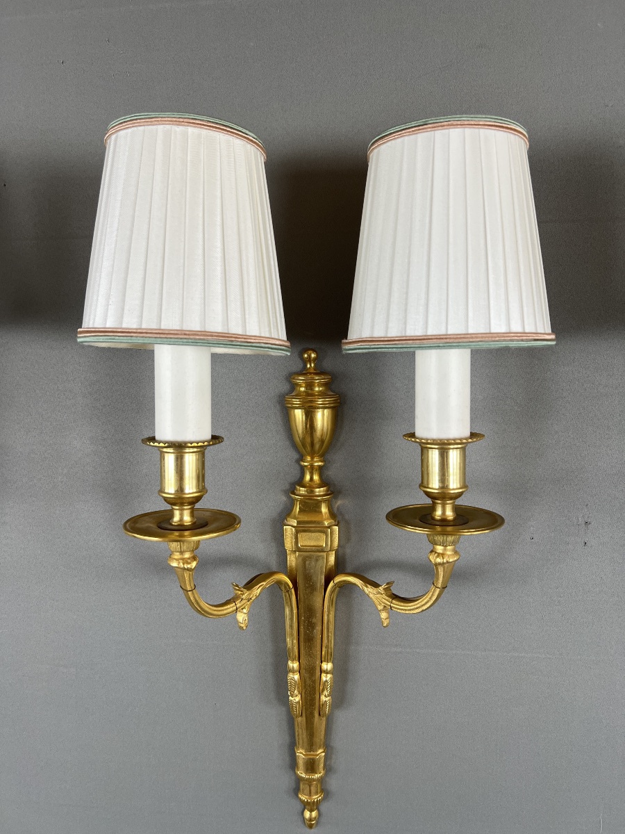 Set Of Three Louis XVI-style Wall Sconces In Gilded Bronze, 20th Century-photo-4