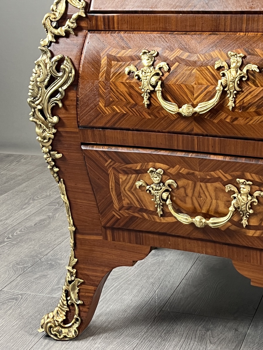Commode de style Louis XV en marqueterie, bronzes dorés et marbre rouge, XIXe Siècle-photo-4