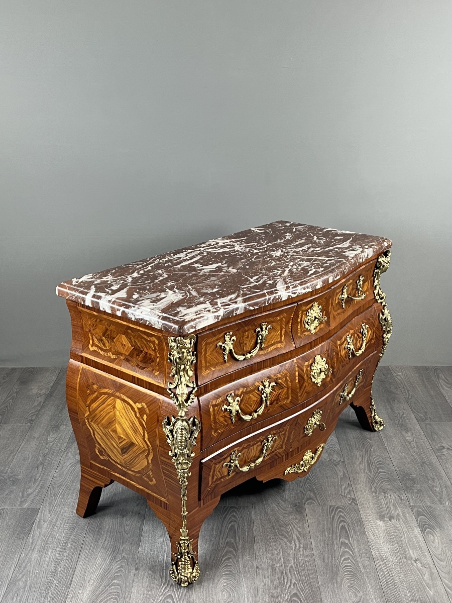 Commode de style Louis XV en marqueterie, bronzes dorés et marbre rouge, XIXe Siècle-photo-3