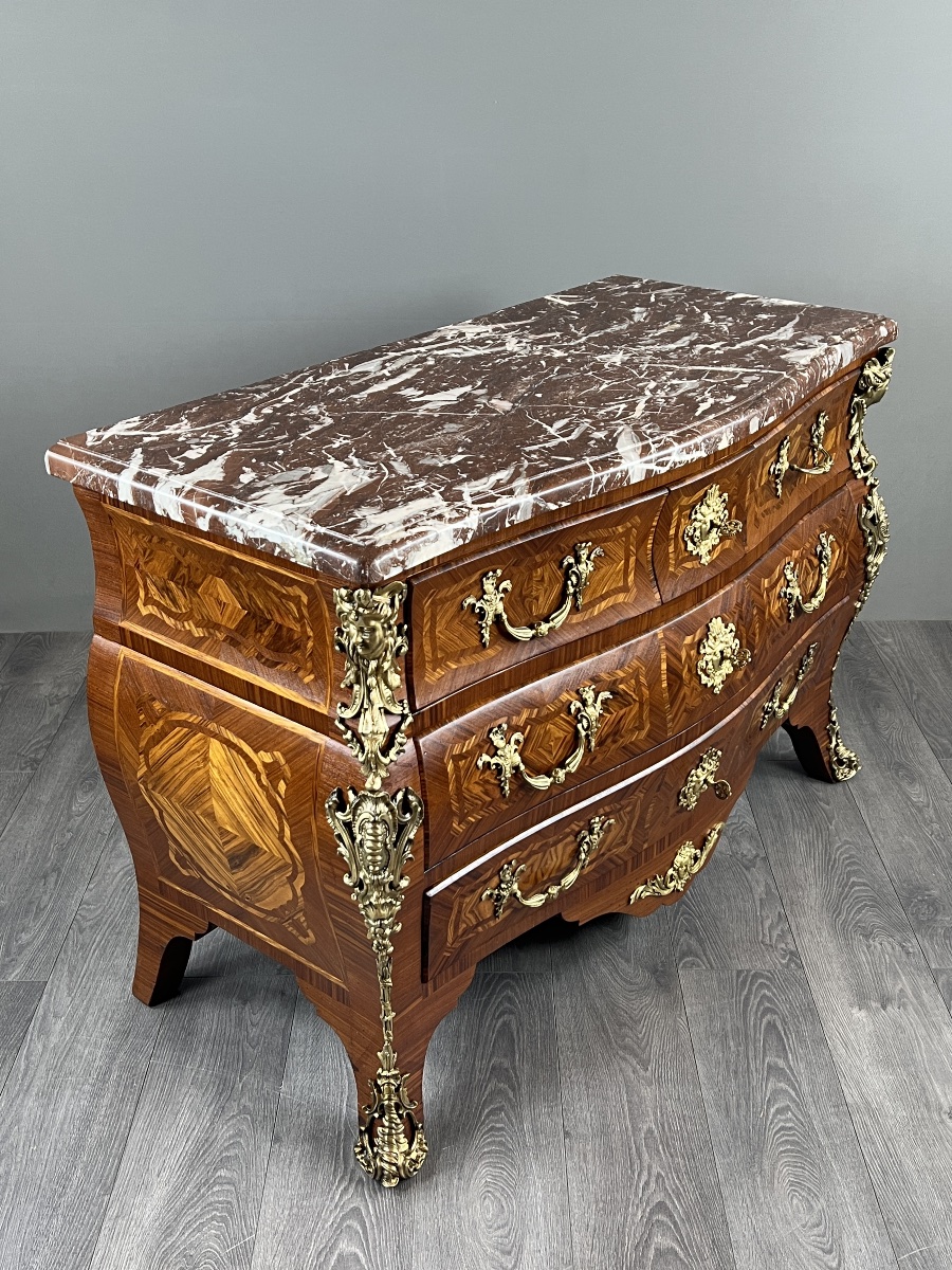 Commode de style Louis XV en marqueterie, bronzes dorés et marbre rouge, XIXe Siècle-photo-5