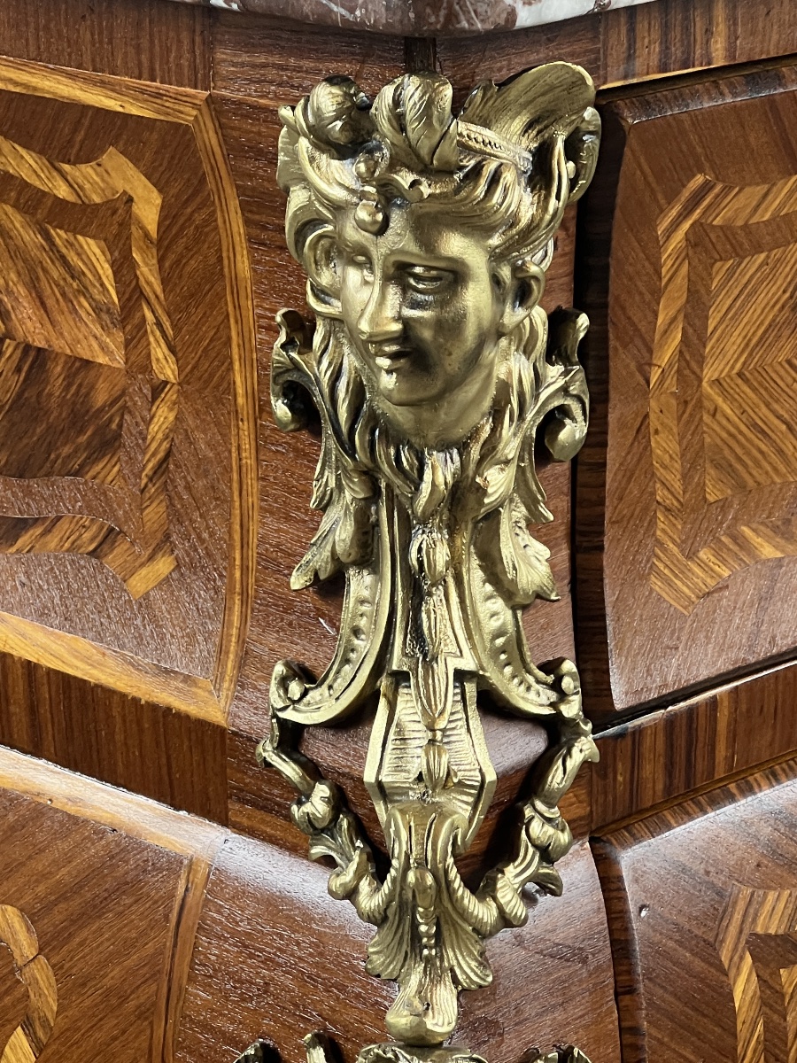 Commode de style Louis XV en marqueterie, bronzes dorés et marbre rouge, XIXe Siècle-photo-6