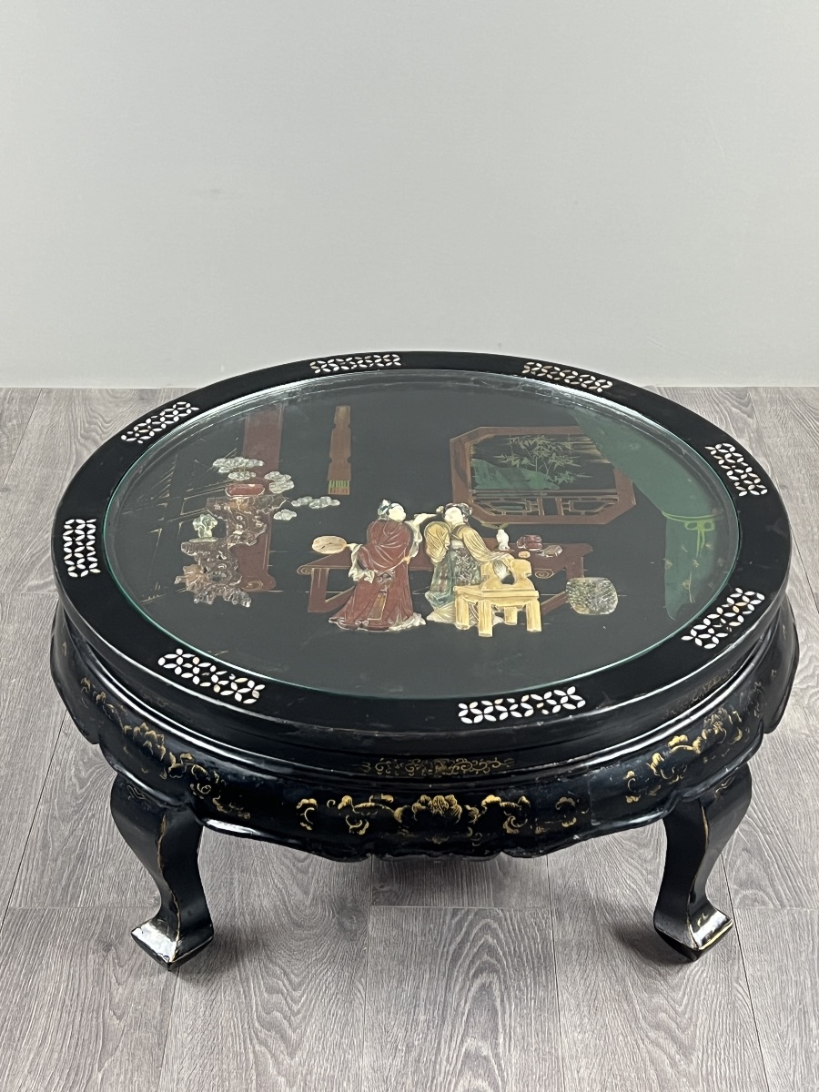 Black-lacquered Chinese Coffee Table With Hardstone Inlays Under Glass, 20th Century-photo-2