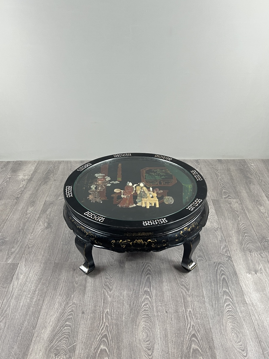 Black-lacquered Chinese Coffee Table With Hardstone Inlays Under Glass, 20th Century-photo-4