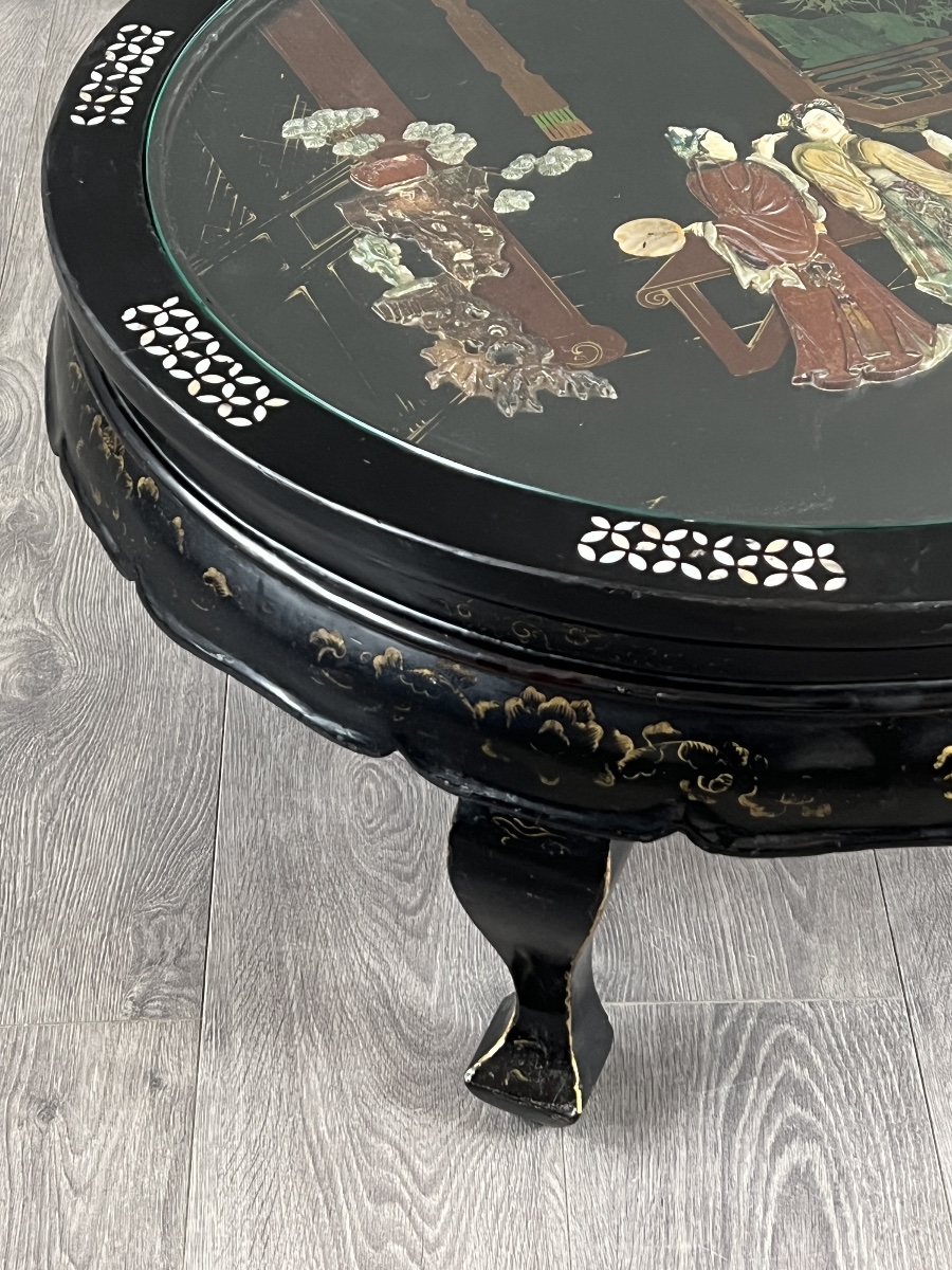 Black-lacquered Chinese Coffee Table With Hardstone Inlays Under Glass, 20th Century-photo-1