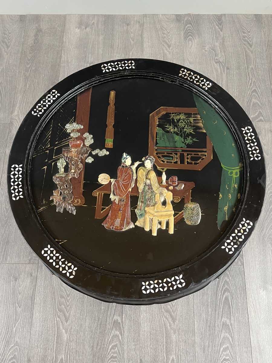 Black-lacquered Chinese Coffee Table With Hardstone Inlays Under Glass, 20th Century-photo-2