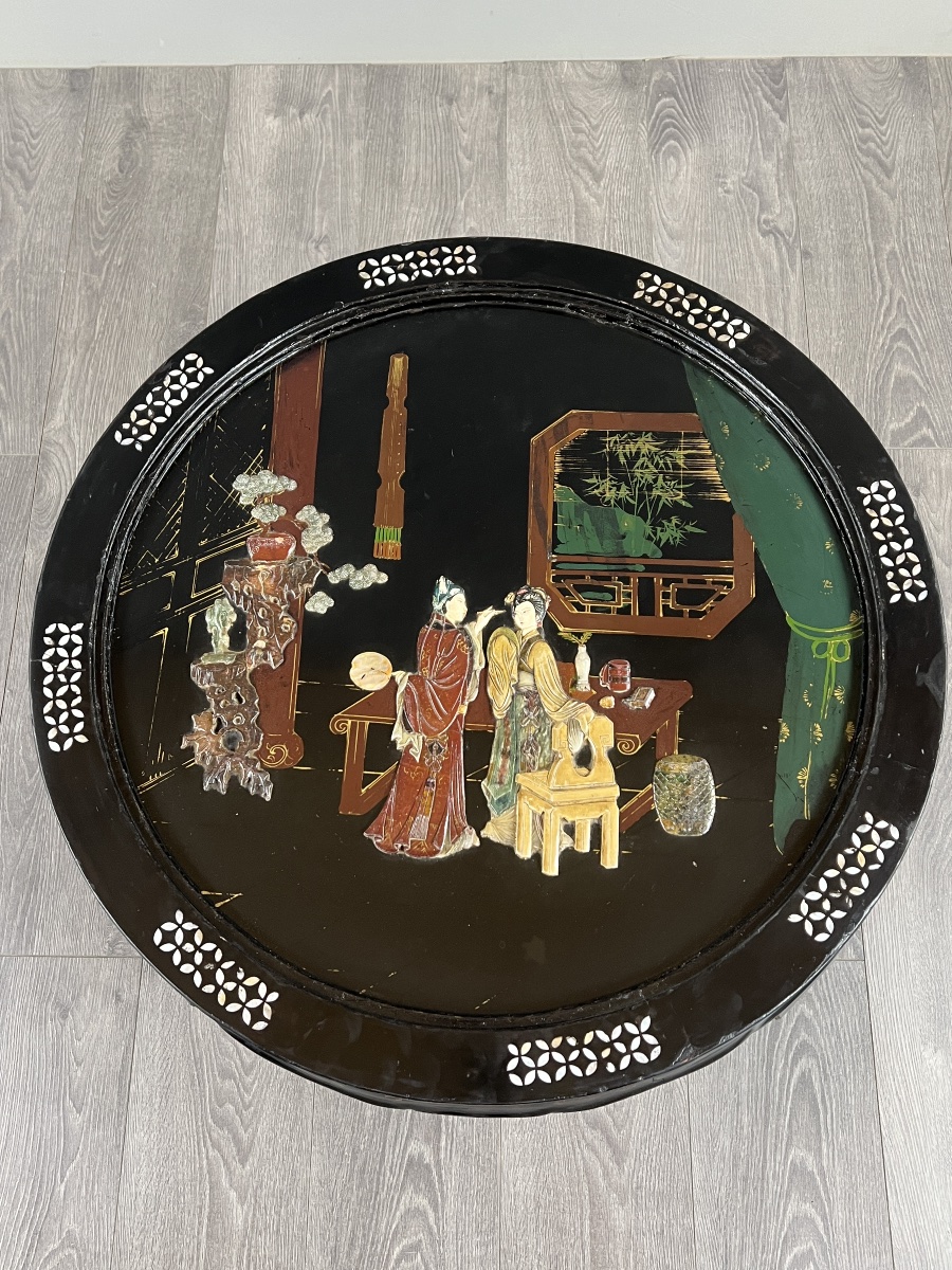 Black-lacquered Chinese Coffee Table With Hardstone Inlays Under Glass, 20th Century-photo-3